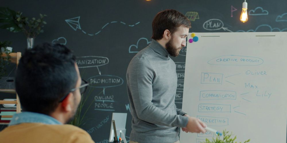 A team workshop: a colleague maps plan, communication, strategy and marketing on a whiteboard