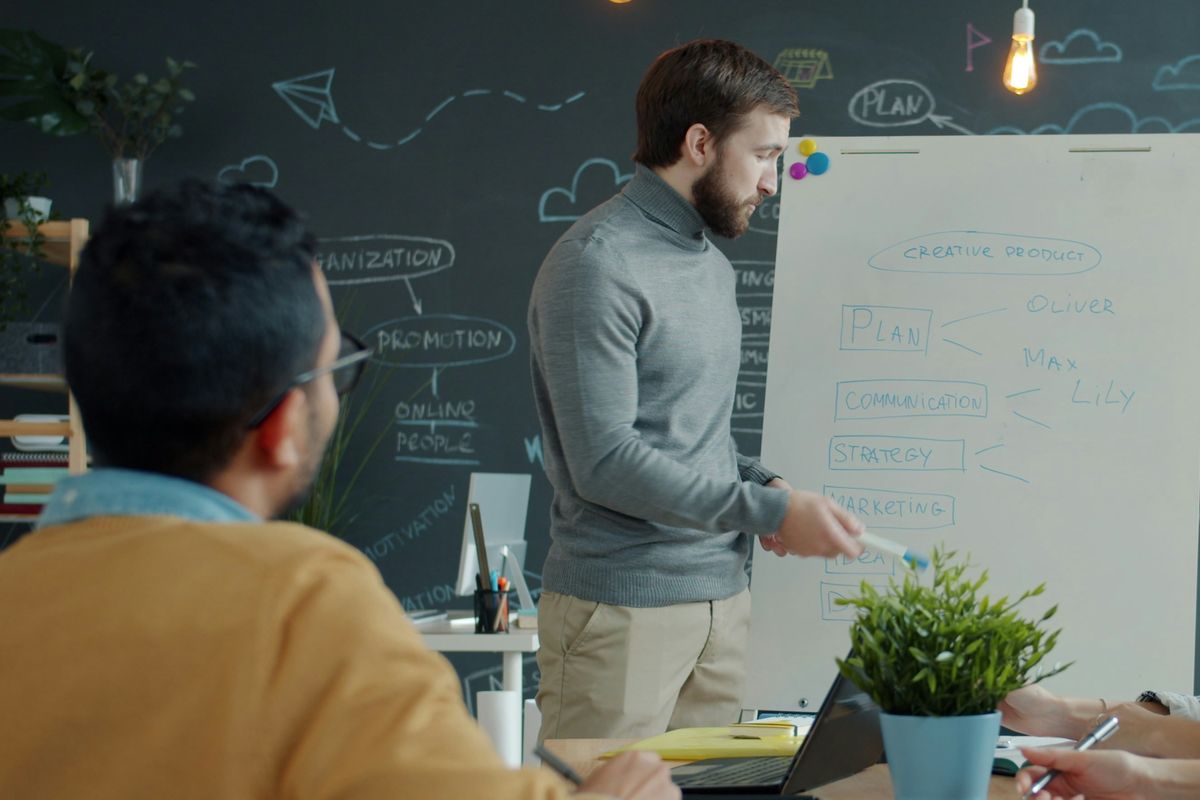 A team workshop: a colleague maps plan, communication, strategy and marketing on a whiteboard