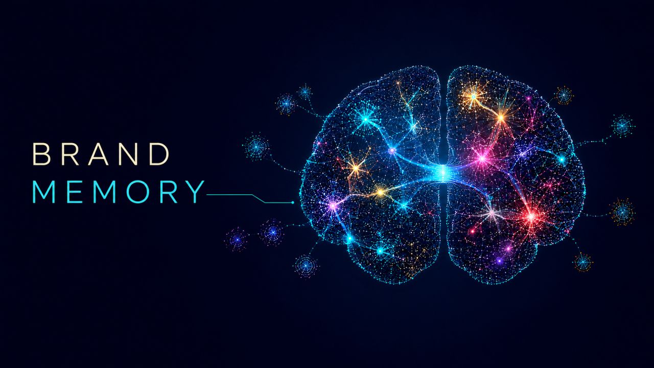 Brand Memory: a glowing network of connections forming a brain on a dark navy background