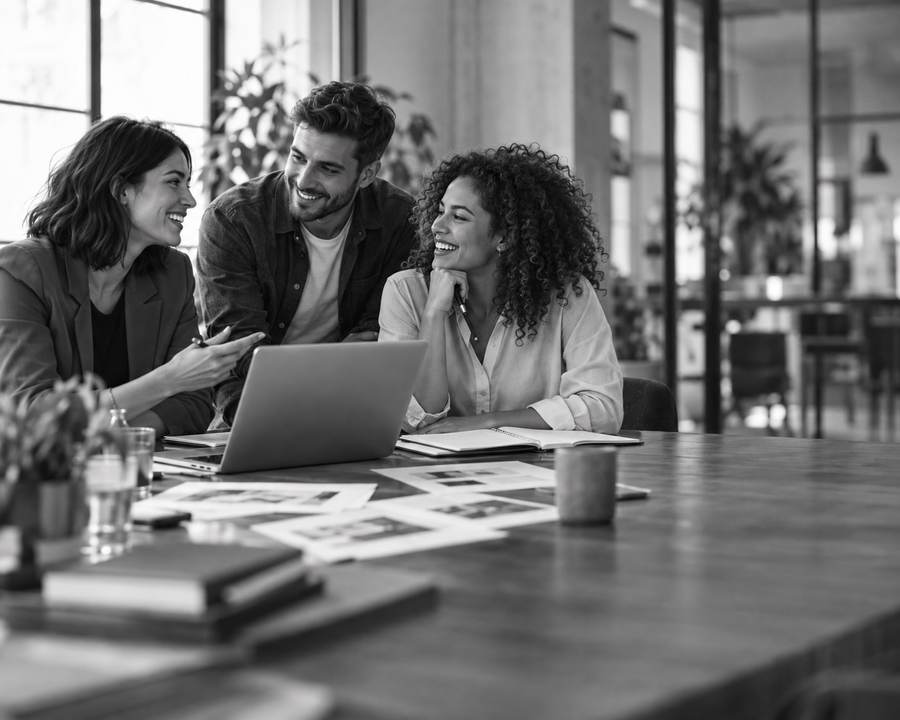 Three colleagues discussing work around a laptop