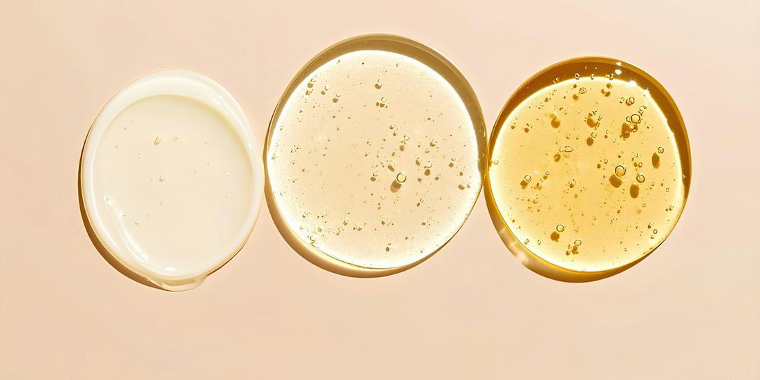 Three skincare textures, cream, gel and oil, on a beige surface